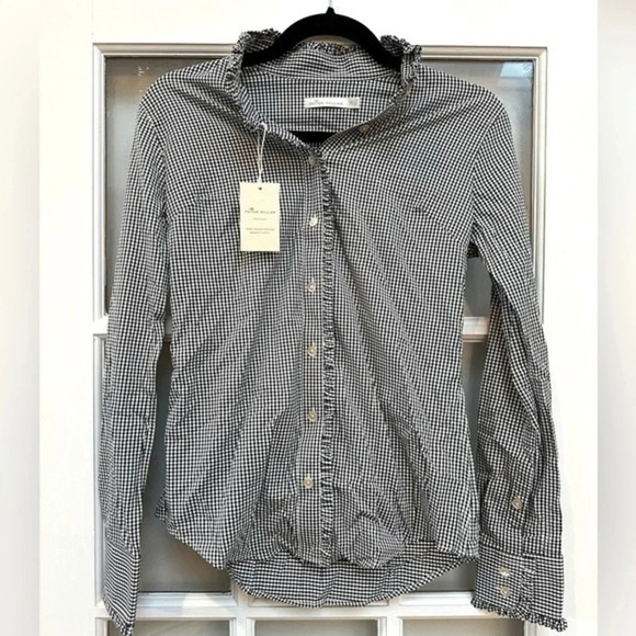 Peter Millar Black White Checkered Button Down Ruffle Collar Sleeve Blouse XS - Picture 1 of 10